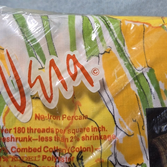 VERA *NEW* VTG Queen Flat No-Iron Percale SHEET Yellow/Orange FLORAL Burlington - Picture 2 of 8